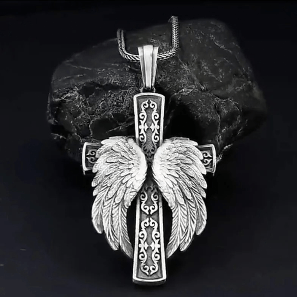Winged Cross Silver Pendant Christian Necklace - The Heavenly