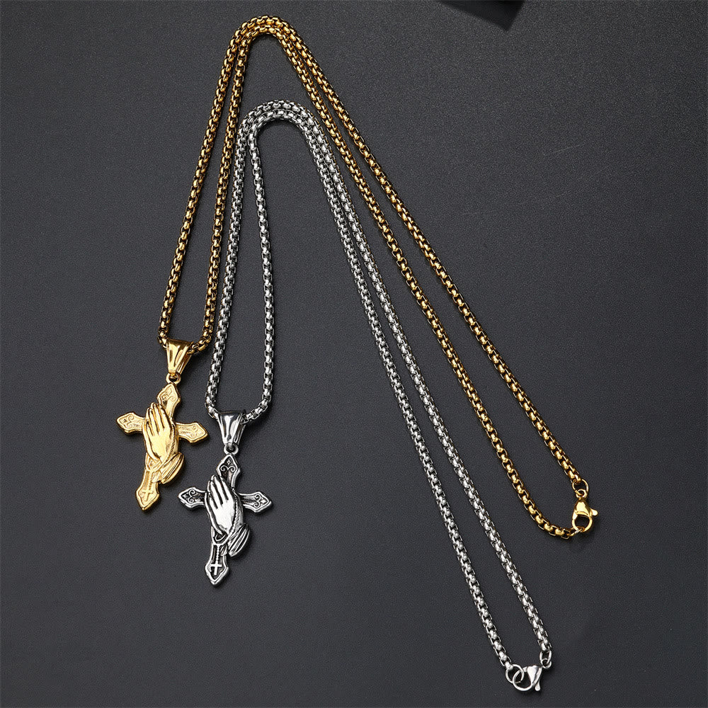 Praying Hands Cross Stainless Steel Pendant Necklace - The Heavenly