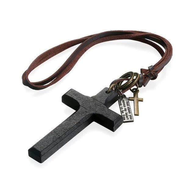Vintage Wood Cross Adjustable Leather Necklace - The Heavenly