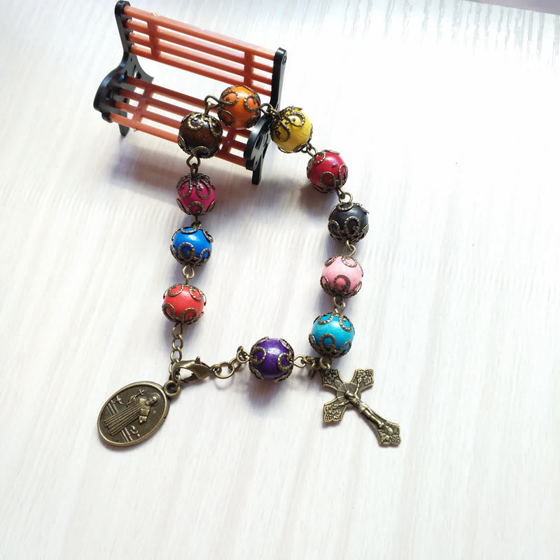 Antique Colors Wood Bracelet with St. Benedict & Crucifix - The Heavenly