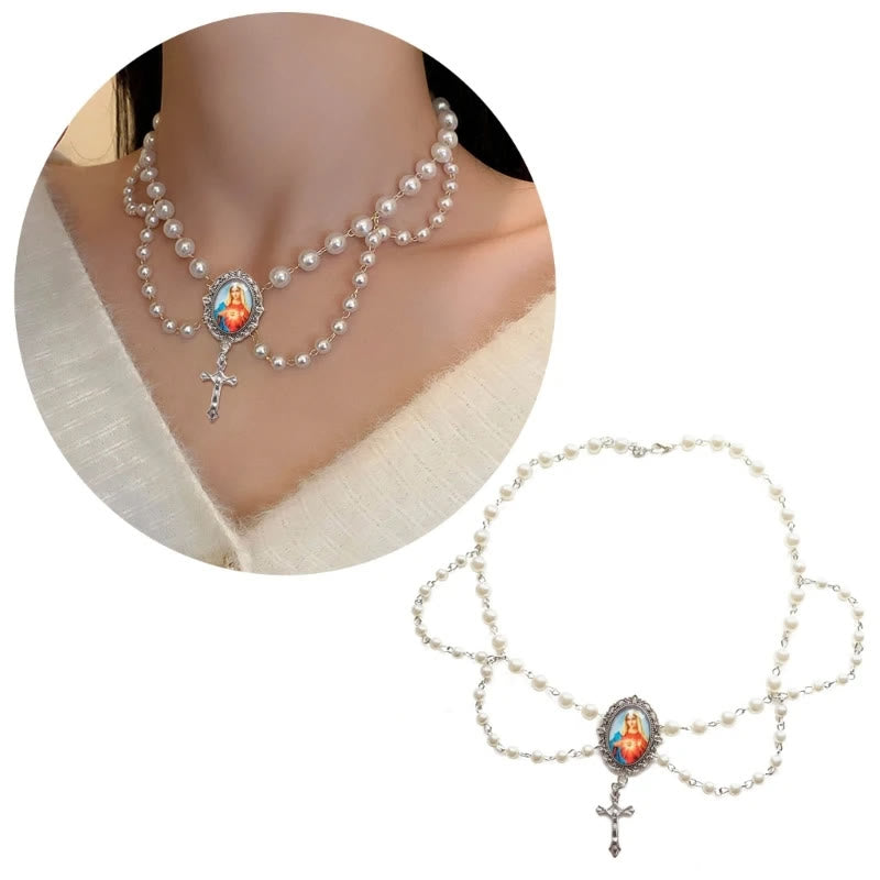 Miraculous Mary Image Glass Pendant Blue Crystal Clavicle Chain - The Heavenly