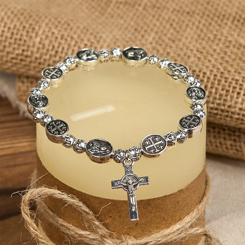 Our Lady Medal Sacred Symbol Crucifix Metal Bracelet - The Heavenly