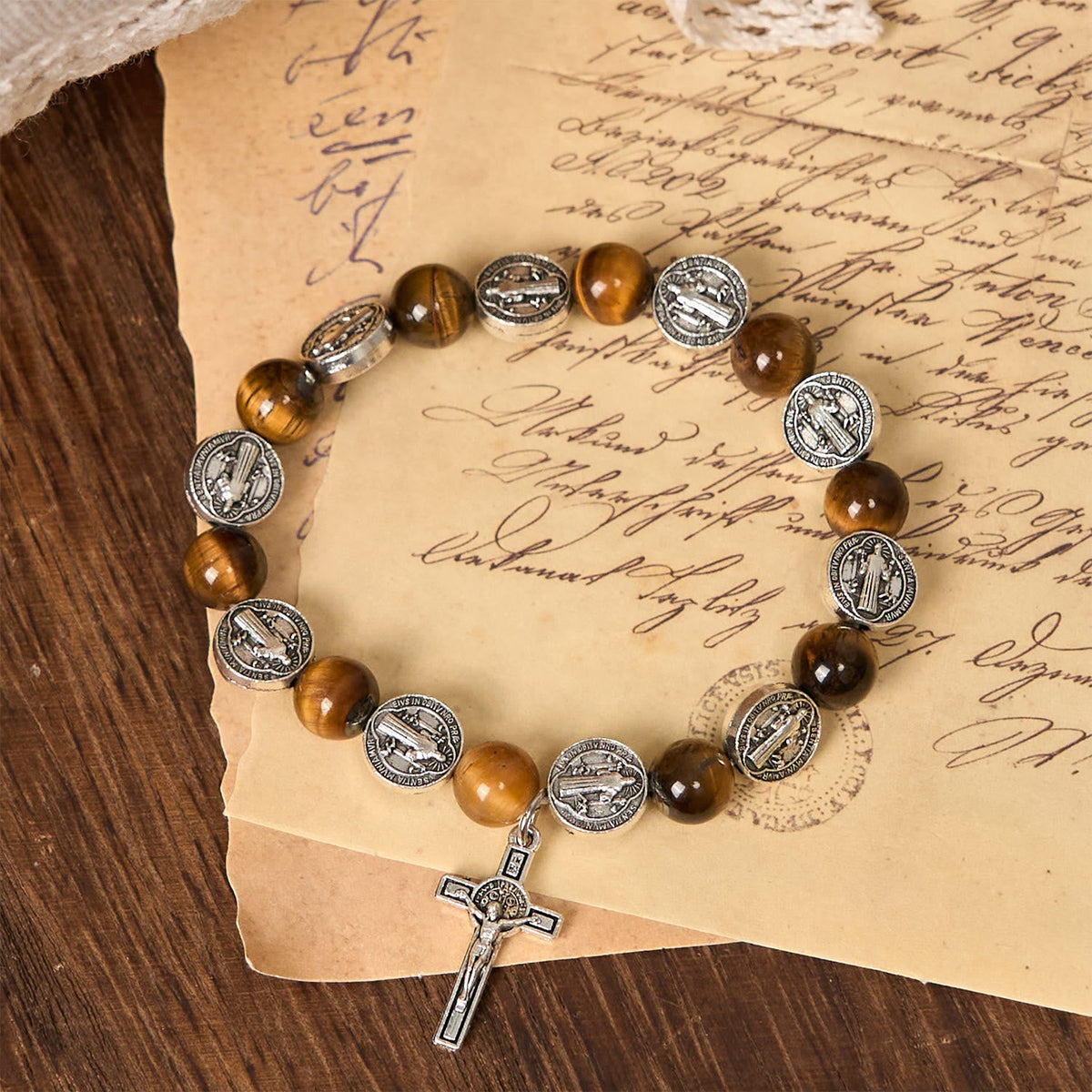 St. Benedict Symbol Tiger's Eye Bracelet - The Heavenly