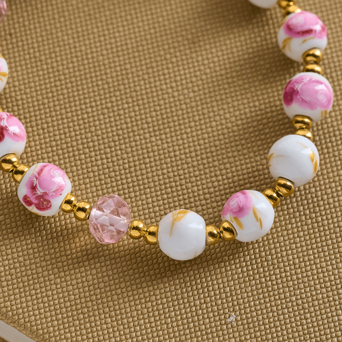 Elegant 8mm Flower Pattern Pink Ceramic Bracelet with Miraculous Medal - The Heavenly