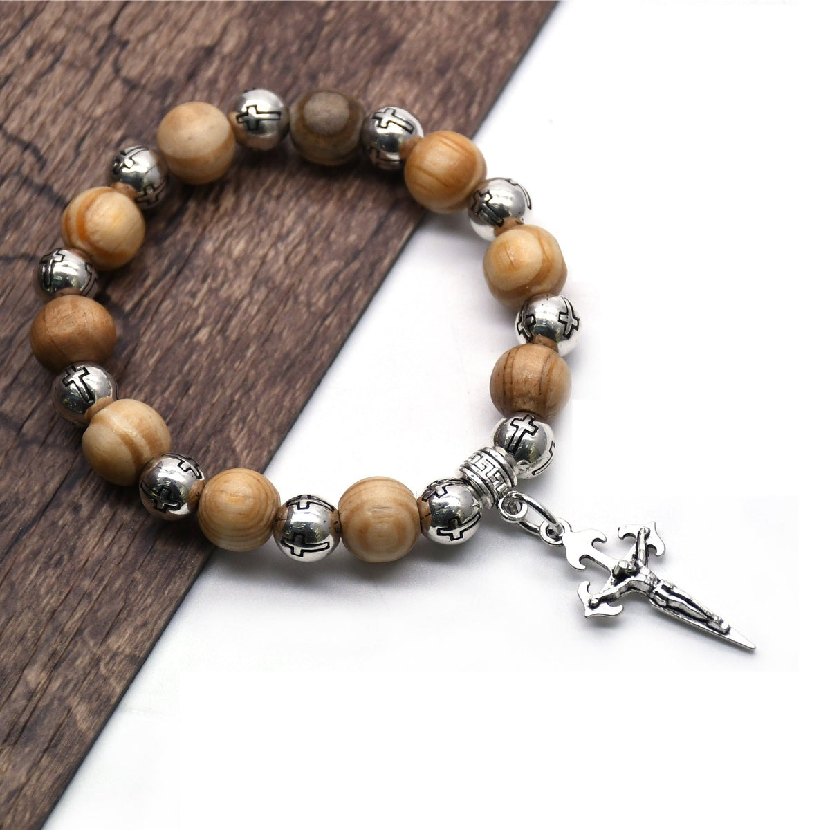 Crucifix Charm Pine Wood Rosary Beads - The Heavenly