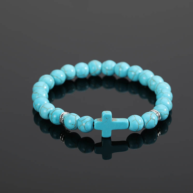 Turquoise Round Bead Cross String Bracelet Jewelry - The Heavenly