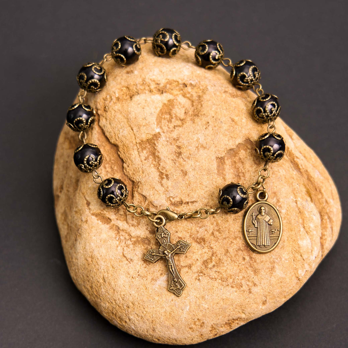 Crafted Retro Black St. Benedict Medal & Crucifix Rosary Bracelet - The Heavenly