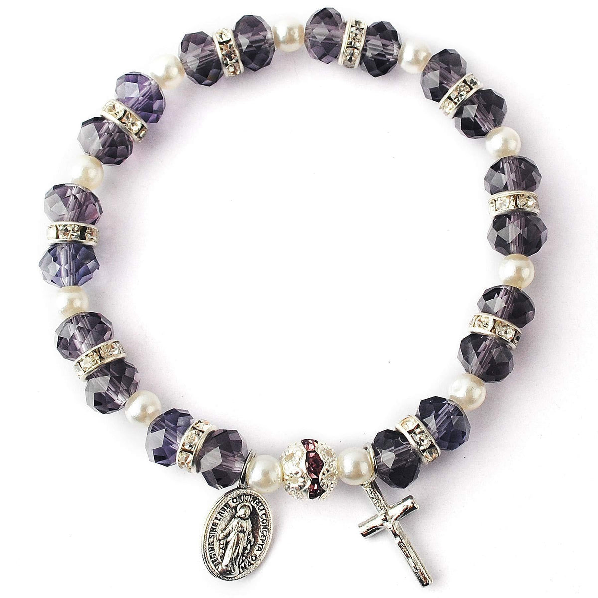 Crystal Beads Stretch Bracelet with Crucifix and Miraculous Medal - The Heavenly