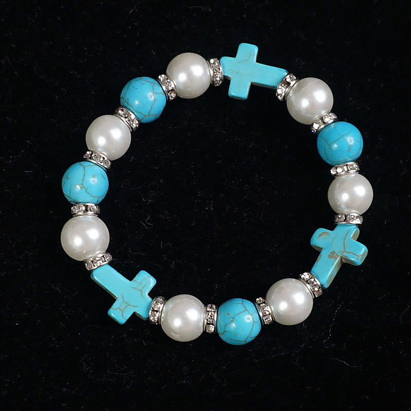 Pearl & Turquoise Cross Healing Energy Bracelet - The Heavenly