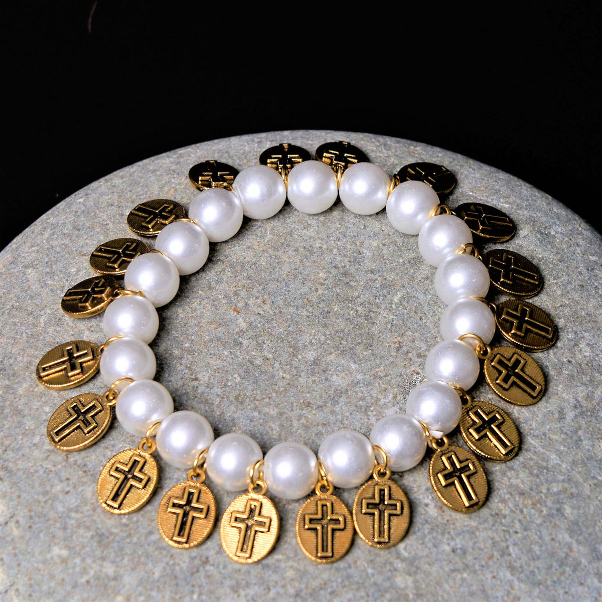 Saint Jesus Mary Medals Cross Pearl Bracelet - The Heavenly