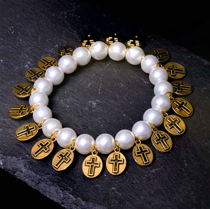 Saint Jesus Mary Medals Cross Pearl Bracelet - The Heavenly