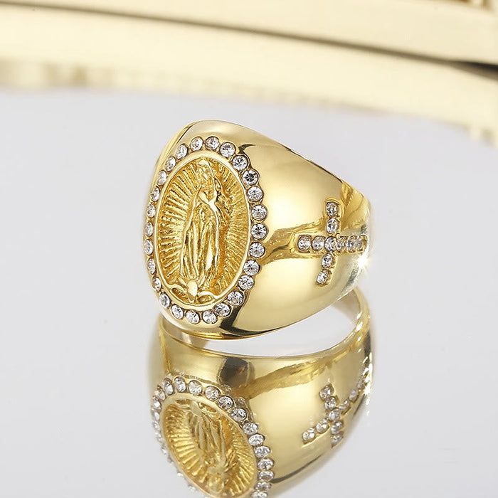 Virgin Mary Stainless Steel Ring Cross Sign Catholic Rings for Religious - The Heavenly