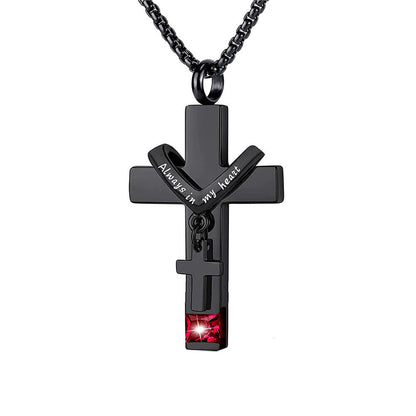 12 Months Birthstone Double Cross Ashes Urn Pendant Necklace - The Heavenly