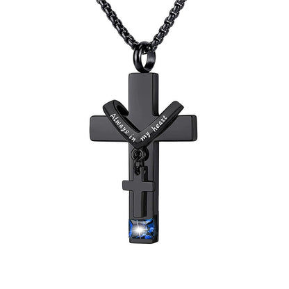 12 Months Birthstone Double Cross Ashes Urn Pendant Necklace - The Heavenly