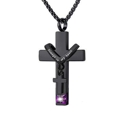 12 Months Birthstone Double Cross Ashes Urn Pendant Necklace - The Heavenly