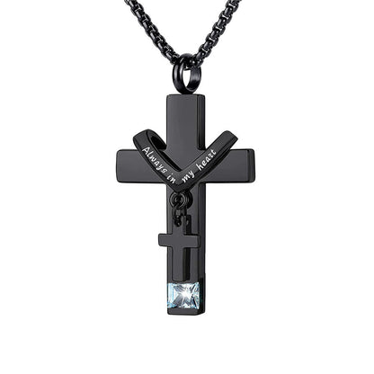 12 Months Birthstone Double Cross Ashes Urn Pendant Necklace - The Heavenly