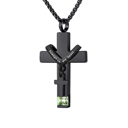 12 Months Birthstone Double Cross Ashes Urn Pendant Necklace - The Heavenly