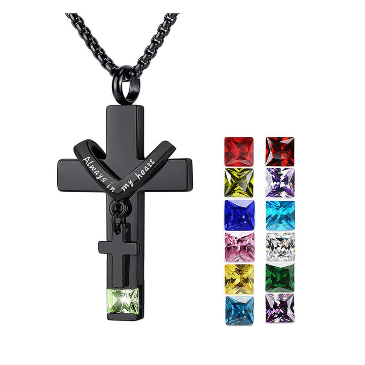 12 Months Birthstone Double Cross Ashes Urn Pendant Necklace - The Heavenly