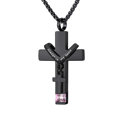 12 Months Birthstone Double Cross Ashes Urn Pendant Necklace - The Heavenly