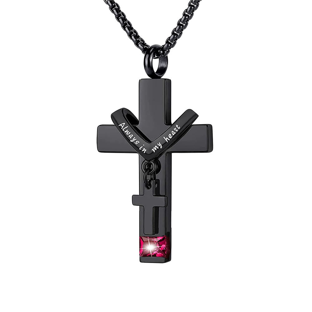 12 Months Birthstone Double Cross Ashes Urn Pendant Necklace - The Heavenly