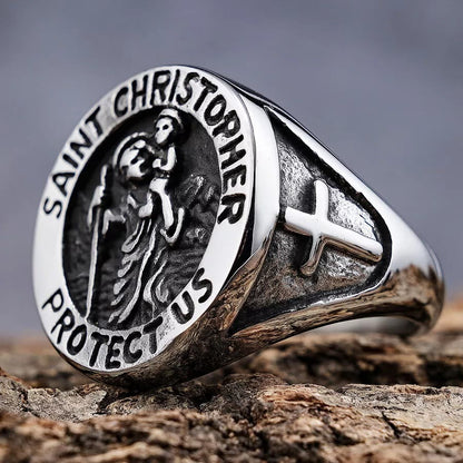 Saint Christopher Protect Us Medal Signet Ring - The Heavenly