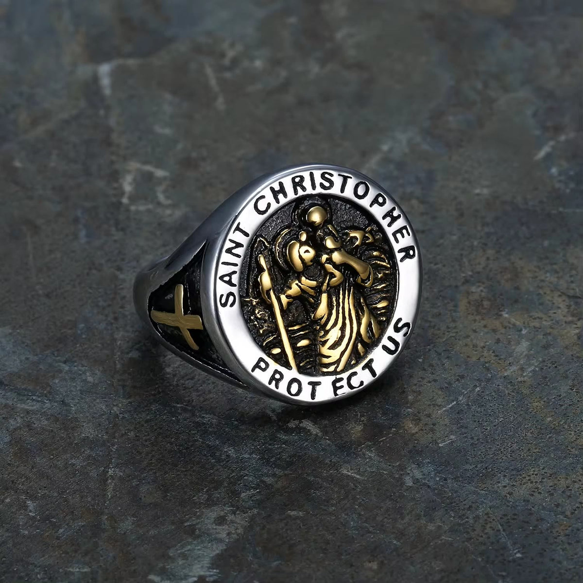 Saint Christopher Protect Us Medal Signet Ring - The Heavenly