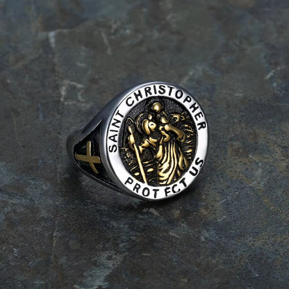 Saint Christopher Protect Us Medal Signet Ring - The Heavenly