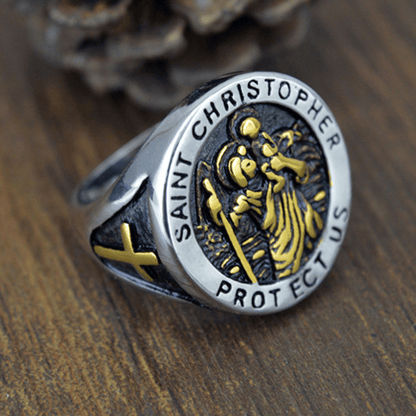 Saint Christopher Protect Us Medal Signet Ring - The Heavenly