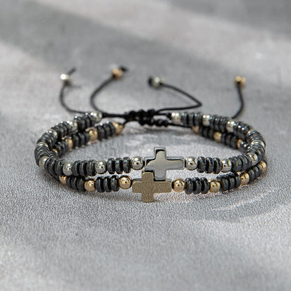 2pcs Cross Decor Beaded Stackable Hematite Bracelet - The Heavenly