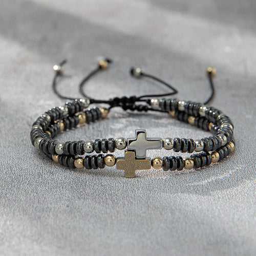2pcs Cross Decor Beaded Stackable Hematite Bracelet - The Heavenly