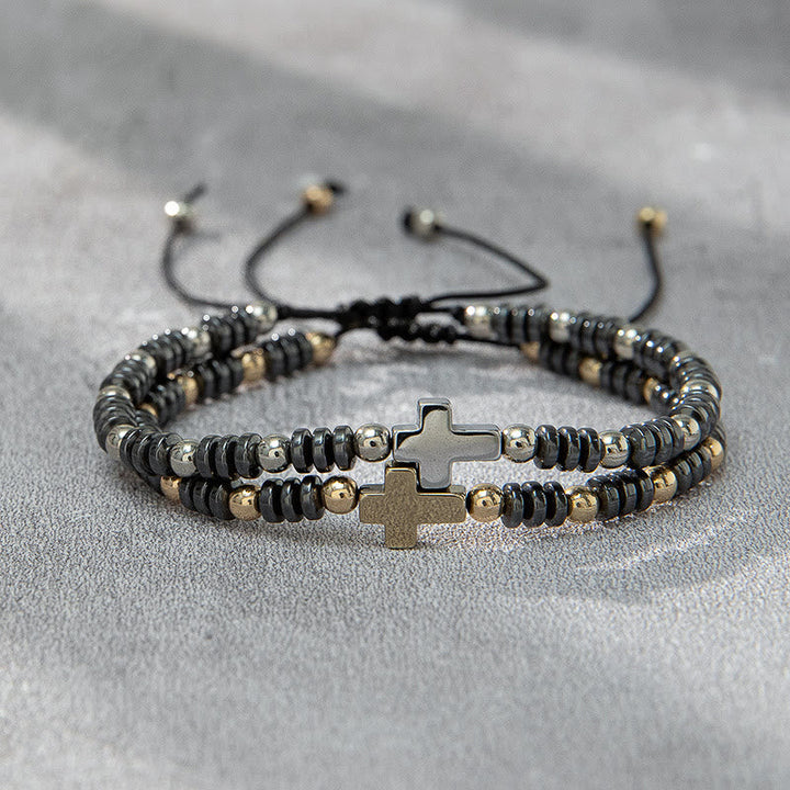 2pcs Cross Decor Beaded Stackable Hematite Bracelet - The Heavenly