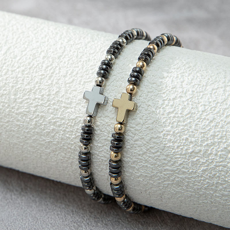2pcs Cross Decor Beaded Stackable Hematite Bracelet - The Heavenly
