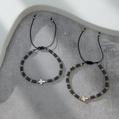 2pcs Cross Decor Beaded Stackable Hematite Bracelet - The Heavenly