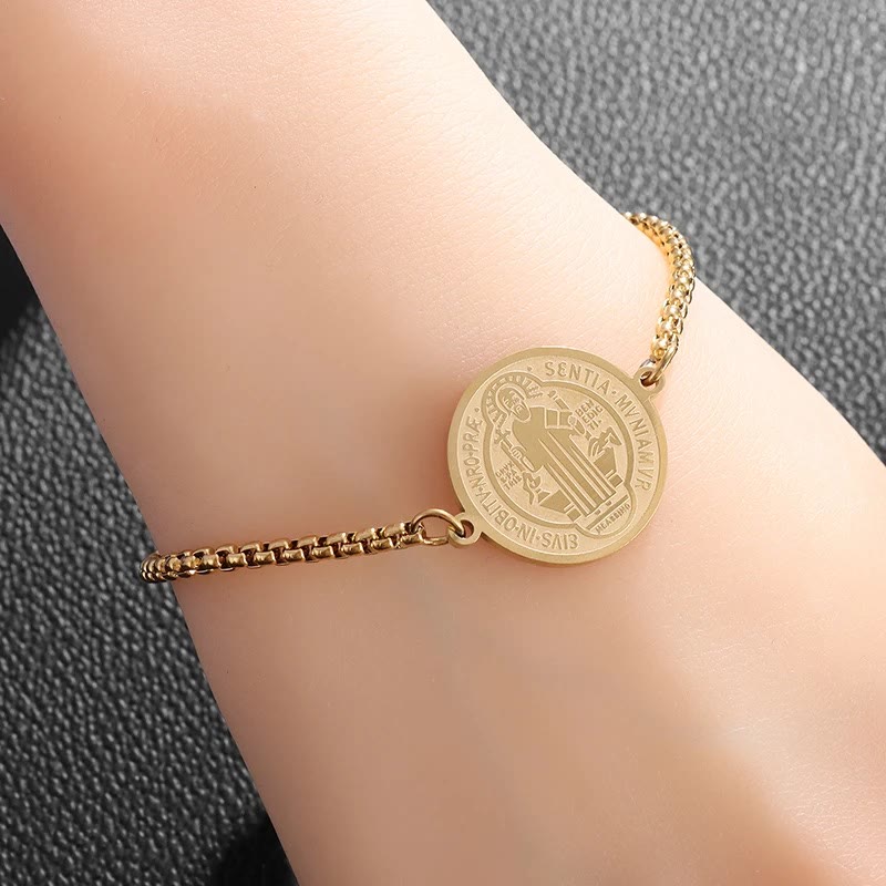 St. Benedict Engraved Medal Adjustable Bracelet - The Heavenly