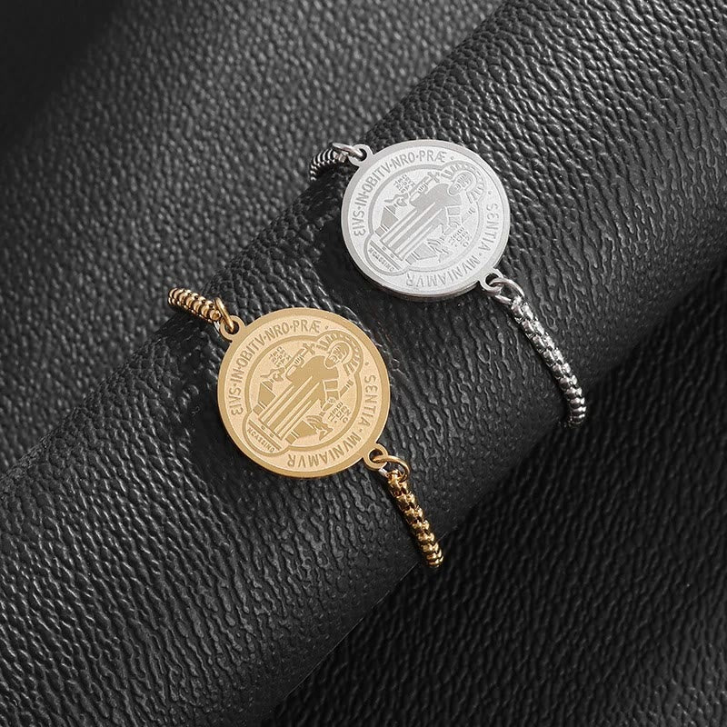 St. Benedict Engraved Medal Adjustable Bracelet - The Heavenly