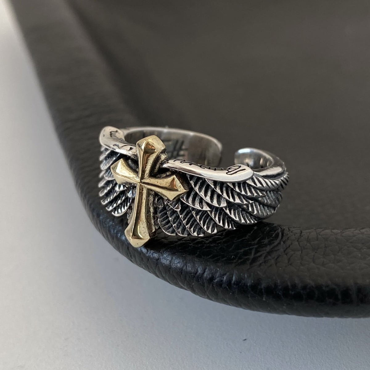 Retro Wings Cross Graffiti Letter Adjustable Ring - The Heavenly