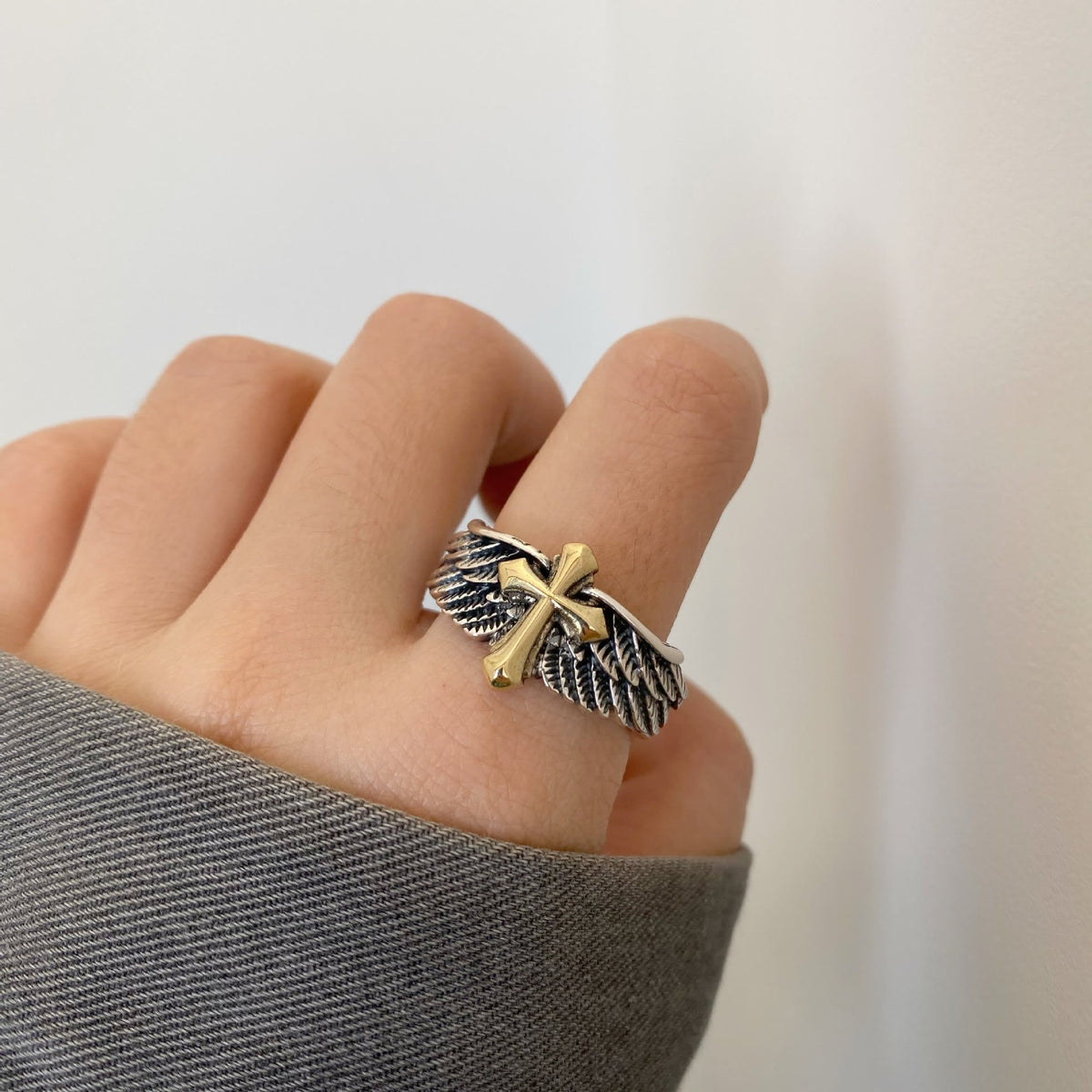 Retro Wings Cross Graffiti Letter Adjustable Ring - The Heavenly