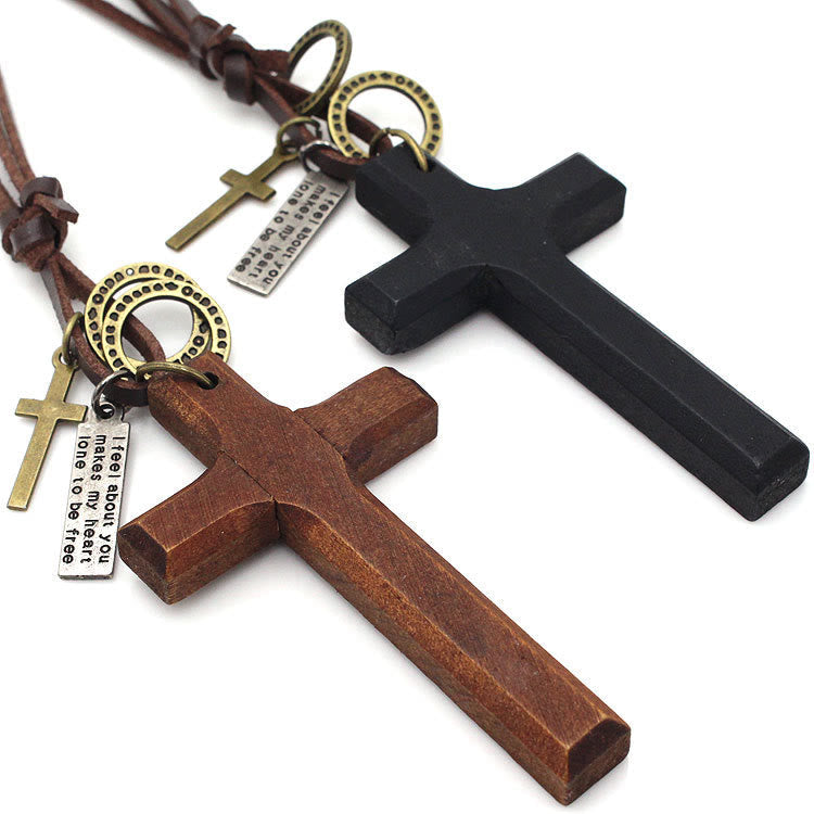 Vintage Wood Cross Adjustable Leather Necklace - The Heavenly