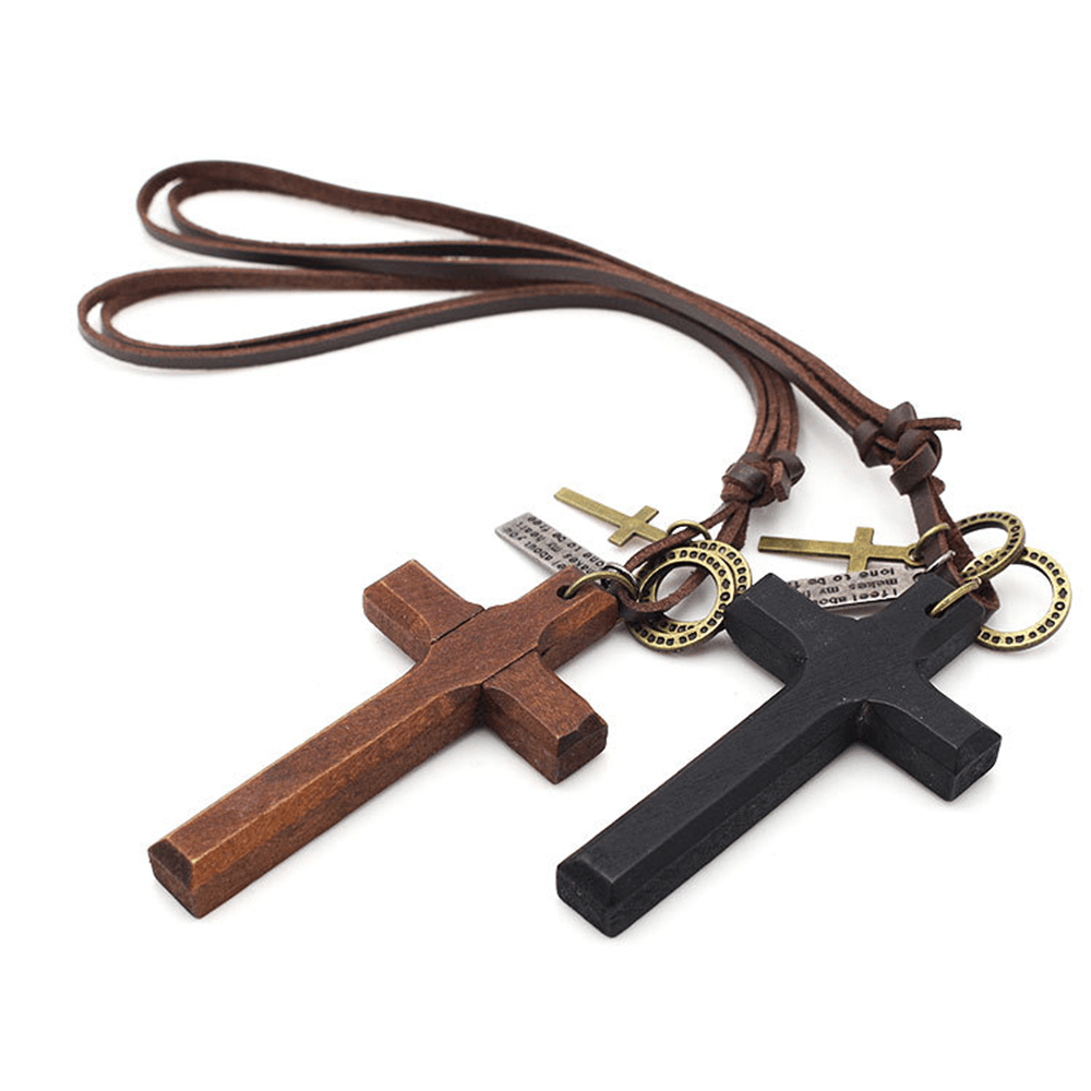 Vintage Wood Cross Adjustable Leather Necklace - The Heavenly