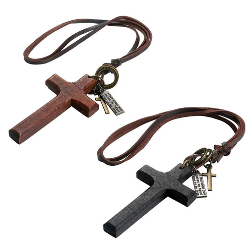 Vintage Wood Cross Adjustable Leather Necklace - The Heavenly