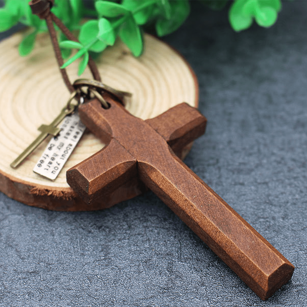 Vintage Wood Cross Adjustable Leather Necklace - The Heavenly