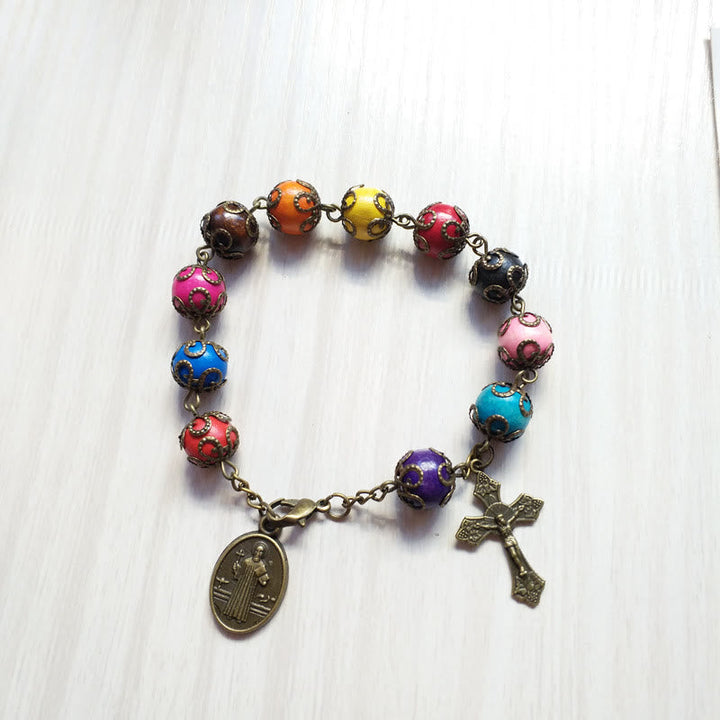 Antique Colors Wood Bracelet with St. Benedict & Crucifix - The Heavenly