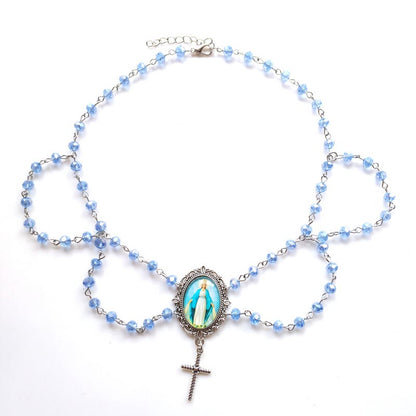 Miraculous Mary Image Glass Pendant Blue Crystal Clavicle Chain - The Heavenly