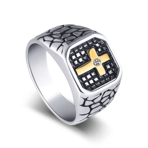 Cracked Stone Pattern Cross Devine Faith Ring - The Heavenly