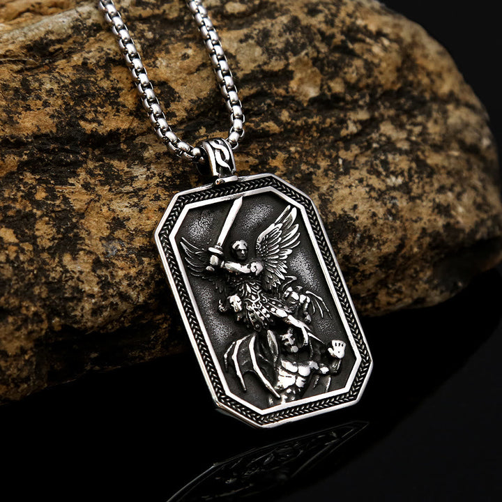 Archangel St. Micheal Protect Us Crafted Stainless Steel Pendant Necklace - The Heavenly