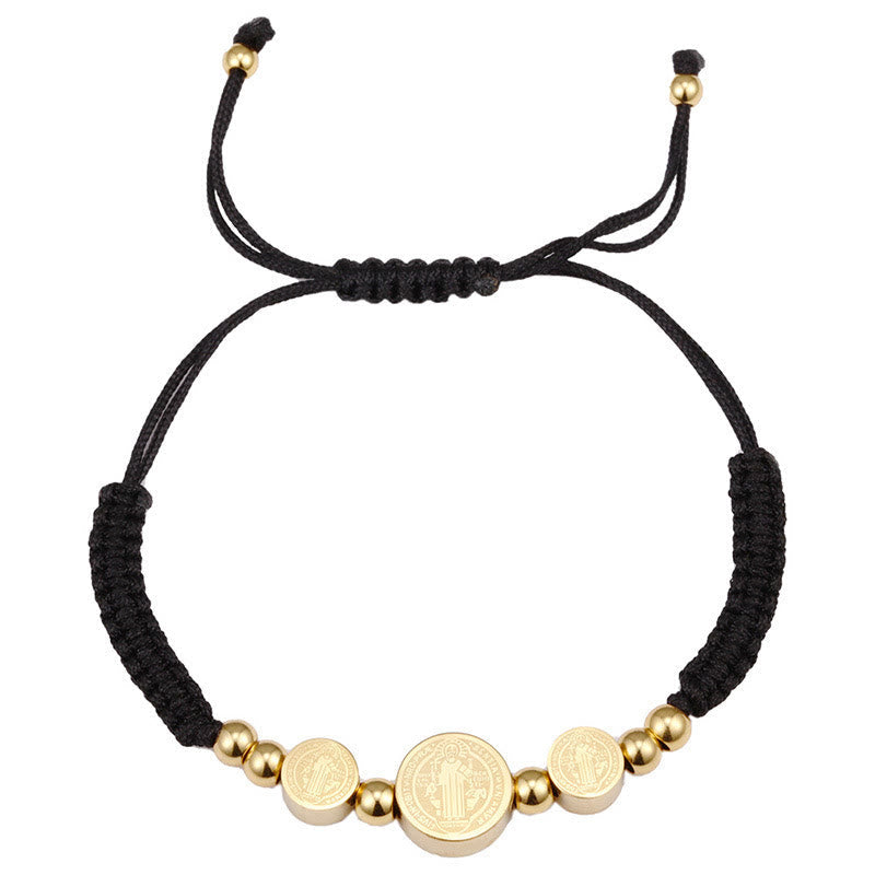 Stainless Steel Braided St. Benedict Black Rope String Bracelet - The Heavenly