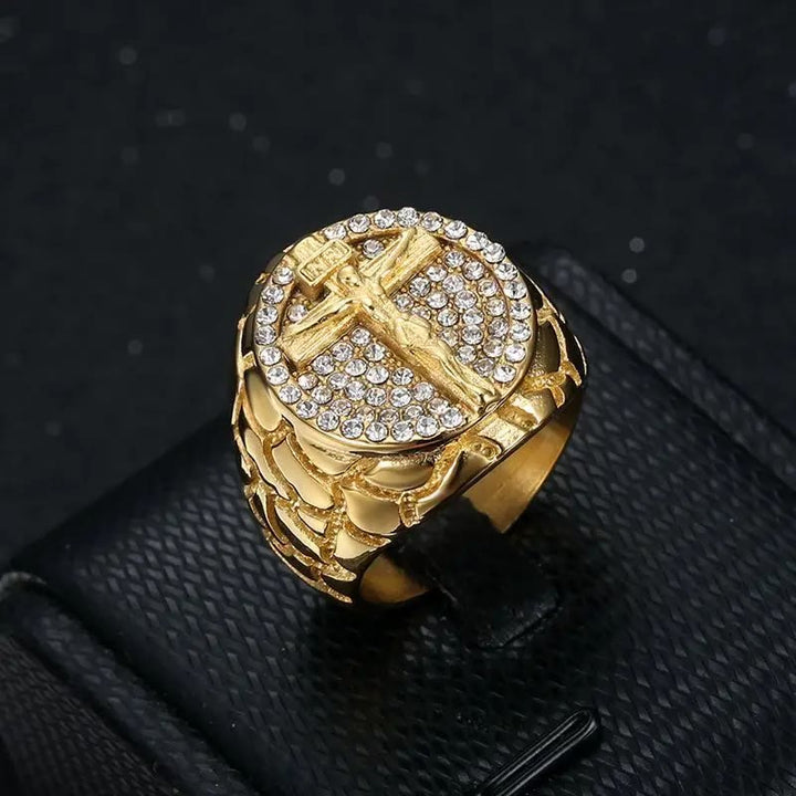 Adorn Your Faith: The Divine Golden Pattern Gemstones Crucifix Ring - The Heavenly
