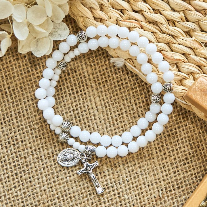 6mm White Bead Miraculous Medal & Crucifix Rosary Bracelet - The Heavenly