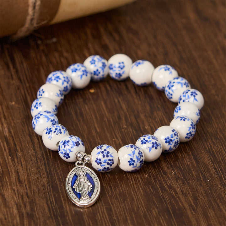 Blue & White Beaded Floral Bracelet with Miraculous Medal - The Heavenly