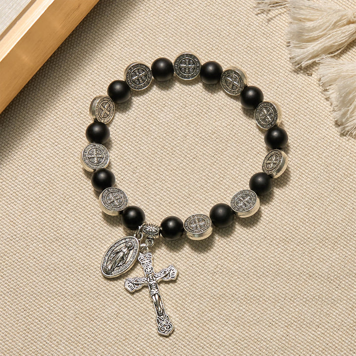 Natural Black Agate Bracelet with St. Benedict Medal and Virgin Mary Pendant - The Heavenly